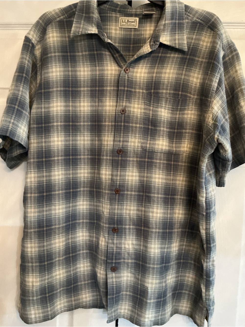 L.L. Bean Blue and Cream Plaid Short-Sleeve Button-Down Shirt